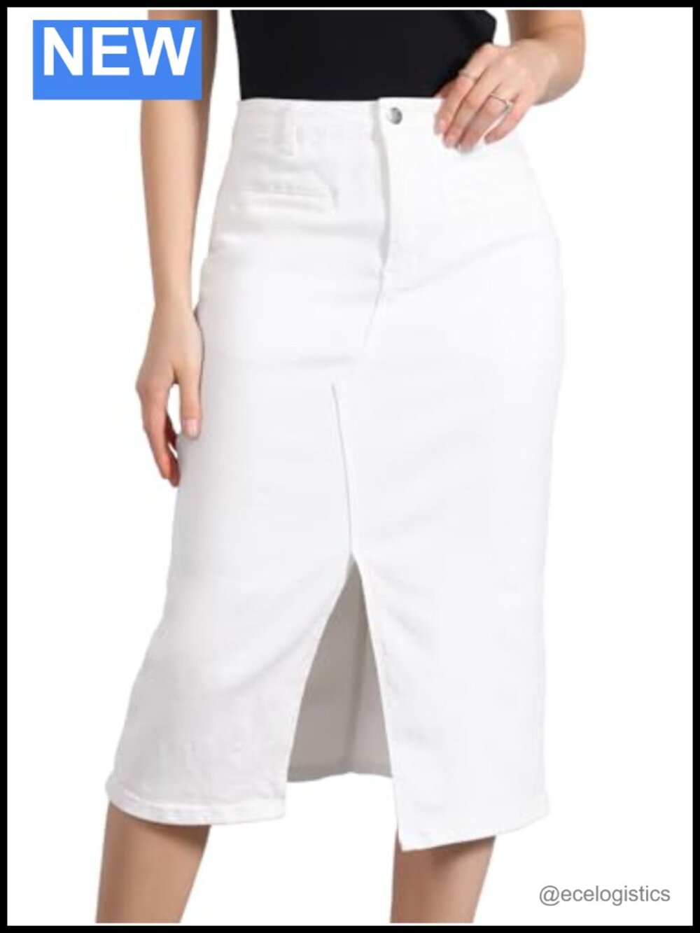 High Waist Denim Midi Skirt Split Front Pockets